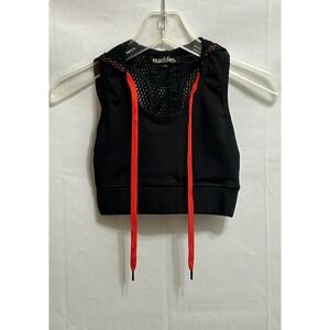 Madden NYC Womens XS Black Mesh Hooded Sports Bra Red Drawstring Crop Top